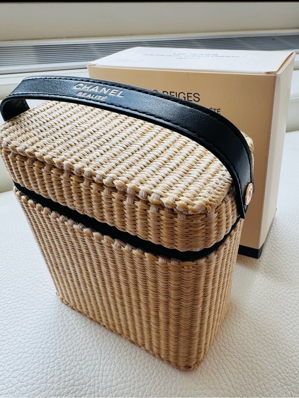 CHANEL Beige Wicker Mini Top-Handle Bag with Black Trim with box